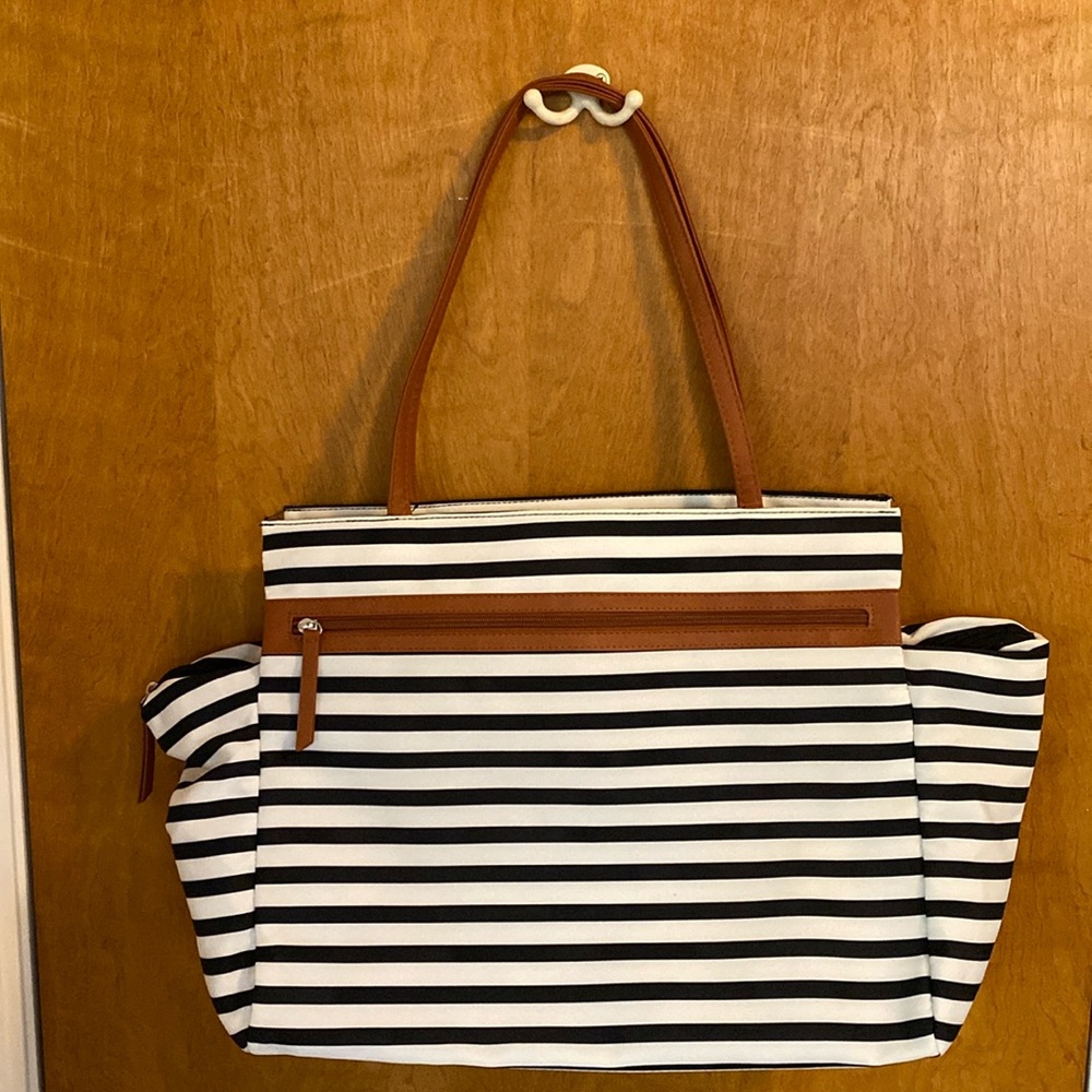 DSW black/white striped bag with brown accents.